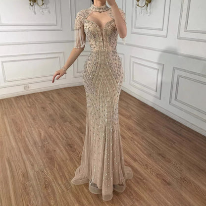 Luxury Arabic Nude Beaded Tassel Mermaid Evening Dress LA73466