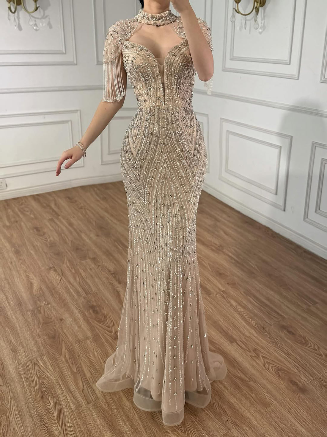 Luxury Arabic Nude Beaded Tassel Mermaid Evening Dress LA73466