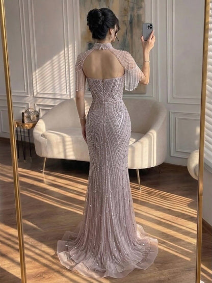 Luxury Arabic Nude Beaded Tassel Mermaid Evening Dress LA73466 SERENE HILL