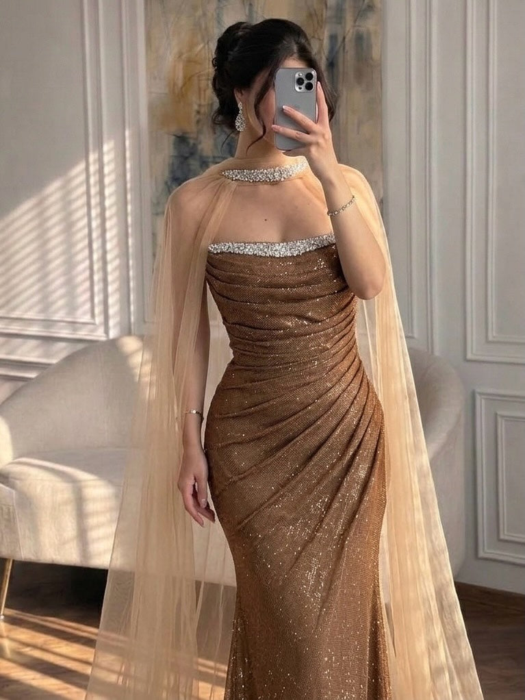 Luxury Gold Strapless Beaded Mermaid Evening Dress with Scarf LA73468