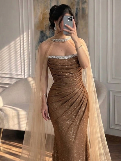 Luxury Gold Strapless Beaded Mermaid Evening Dress with Scarf LA73468