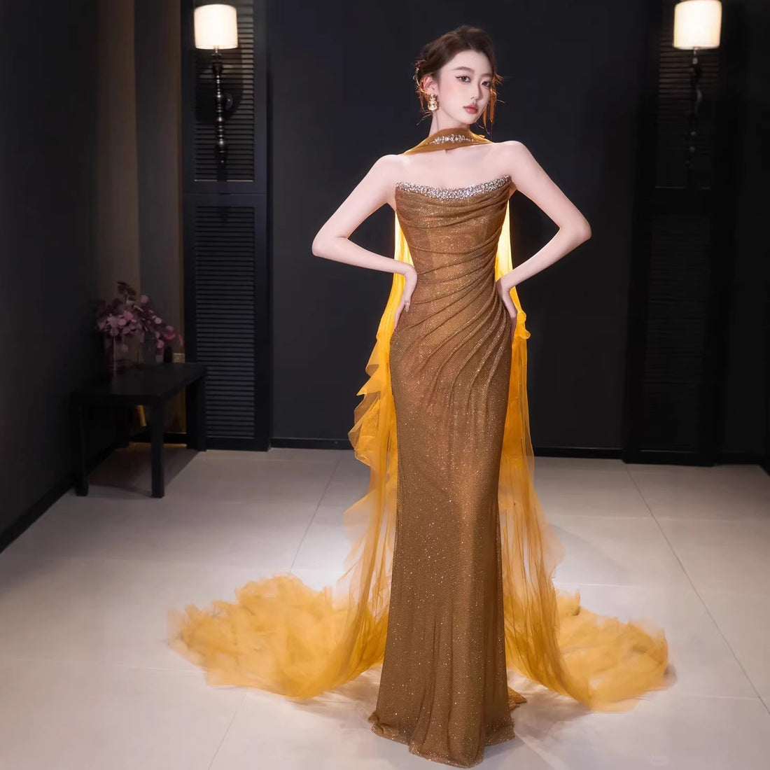 Luxury Gold Strapless Beaded Mermaid Evening Dress with Scarf LA73468 - SERENE  HILL