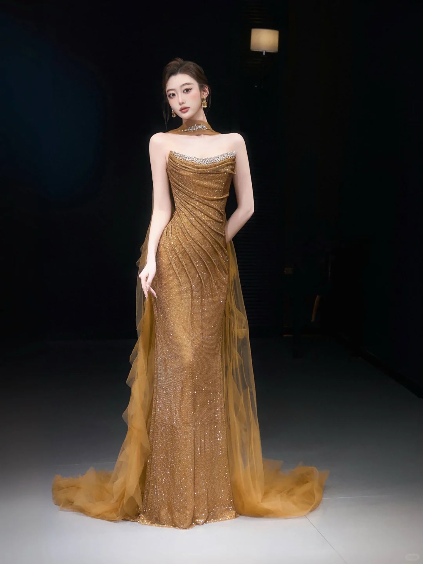 Luxury Gold Strapless Beaded Mermaid Evening Dress with Scarf LA73468 - SERENE  HILL