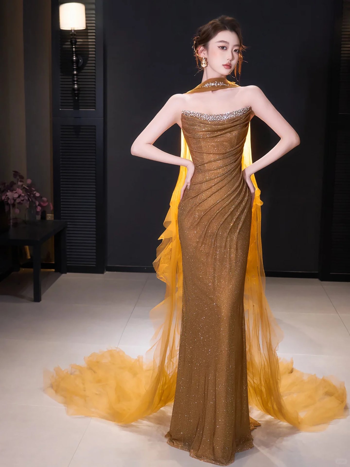 Luxury Gold Strapless Beaded Mermaid Evening Dress with Scarf LA73468 - SERENE  HILL