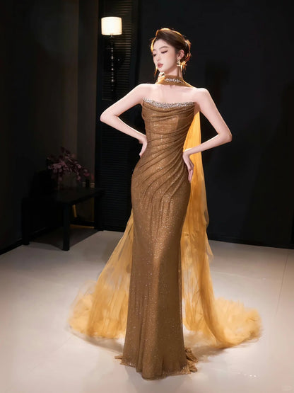 Luxury Gold Strapless Beaded Mermaid Evening Dress with Scarf LA73468 - SERENE  HILL