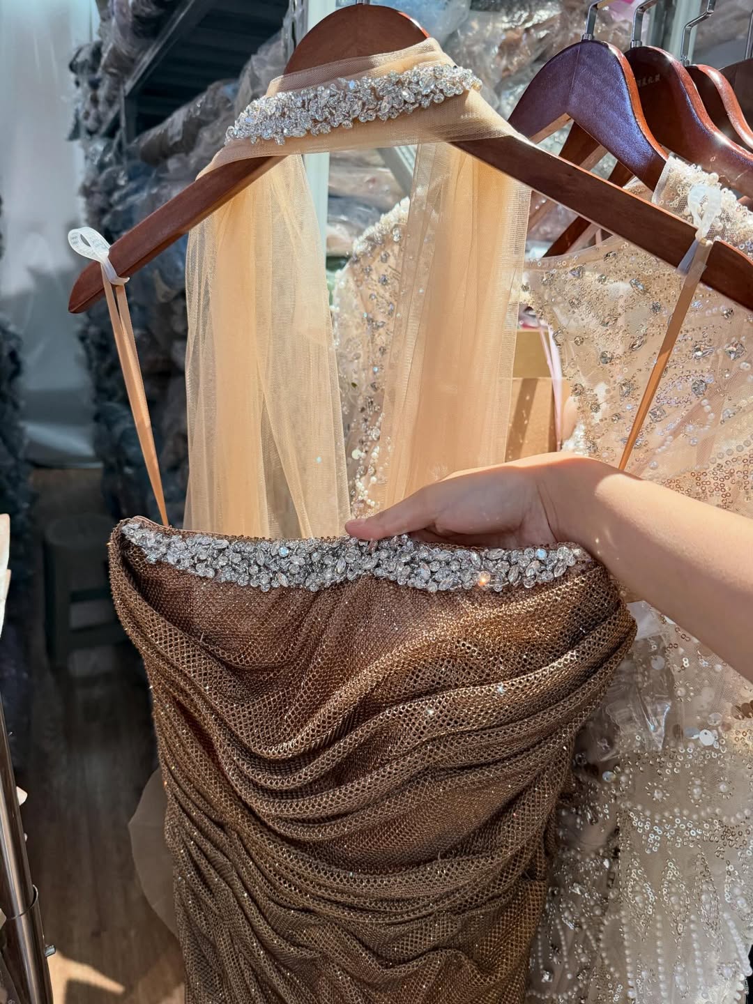 Luxury Gold Strapless Beaded Mermaid Evening Dress with Scarf LA73468