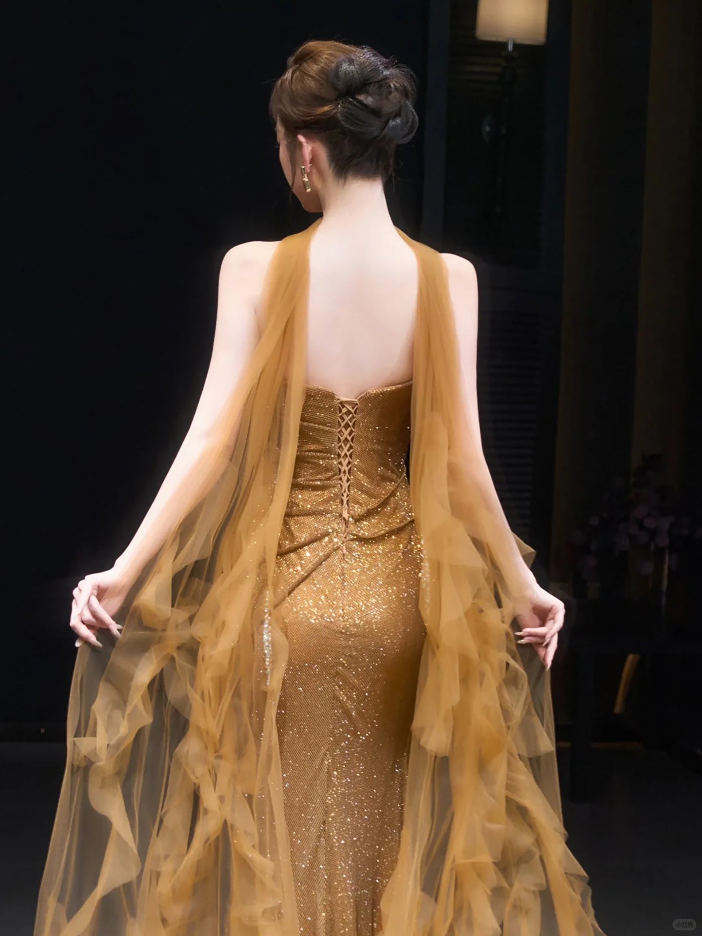 Luxury Gold Strapless Beaded Mermaid Evening Dress with Scarf LA73468 - SERENE  HILL