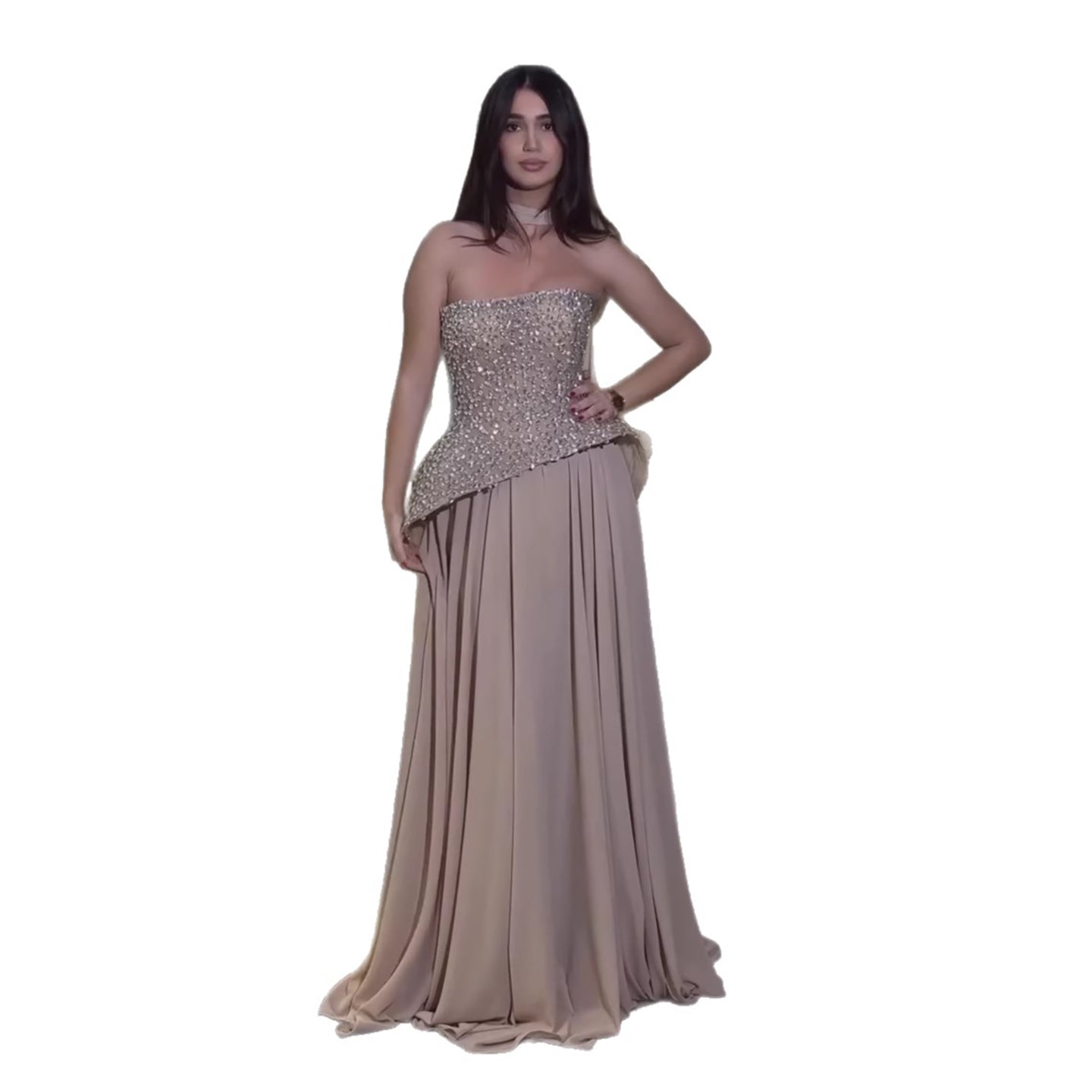 Luxury Designer Nude Beaded Chiffon Evening Dress With Scarf LA73469