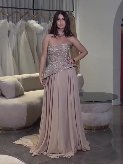 Luxury Designer Nude Beaded Chiffon Evening Dress With Scarf LA73469