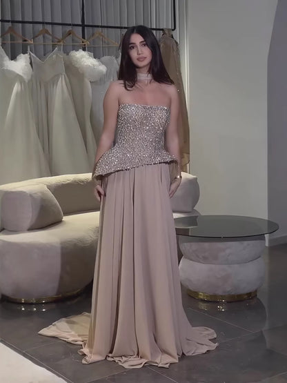 Luxury Designer Nude Beaded Chiffon Evening Dress With Scarf LA73469