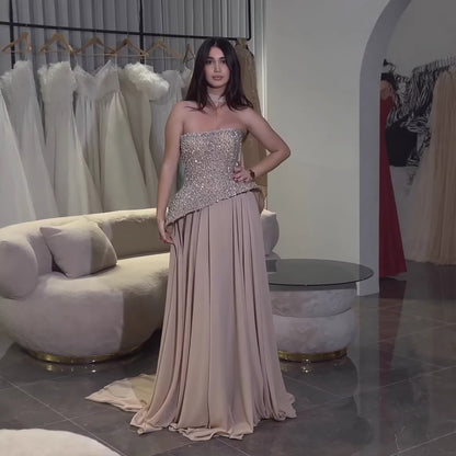 Luxury Designer Nude Beaded Chiffon Evening Dress With Scarf LA73469
