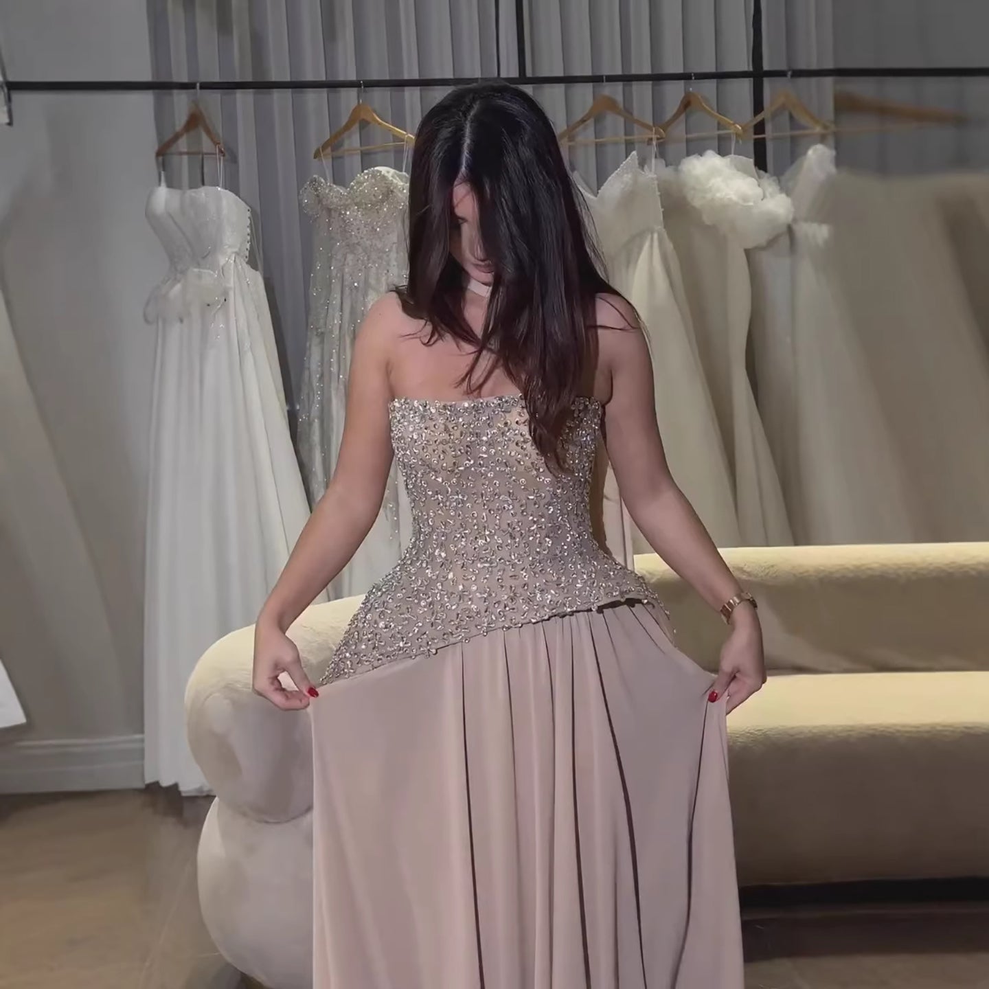 Luxury Designer Nude Beaded Chiffon Evening Dress With Scarf LA73469