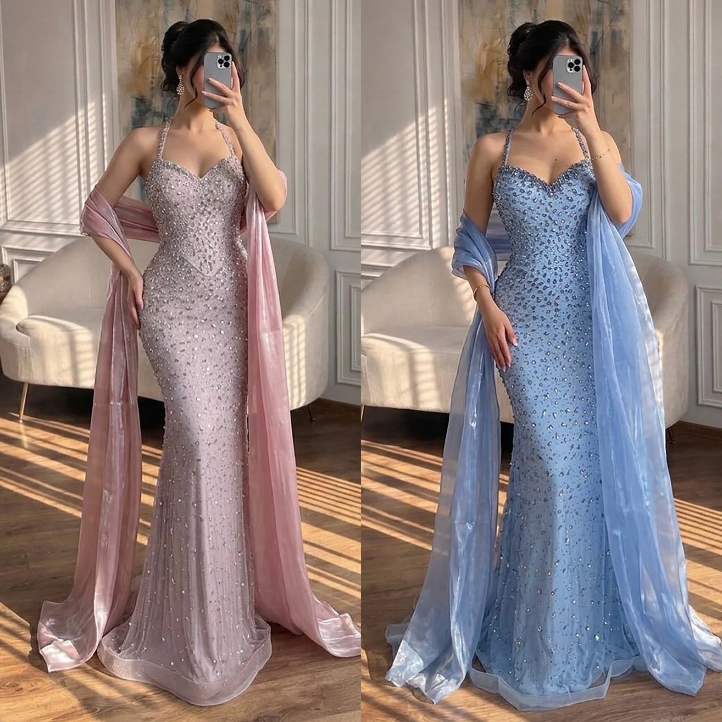 Luxury Blue Diamond Halter Evening Dress With Cape LA73471 SERENE HILL