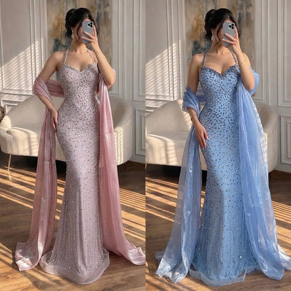 Luxury Blue Diamond Halter Evening Dress With Cape LA73471 SERENE HILL