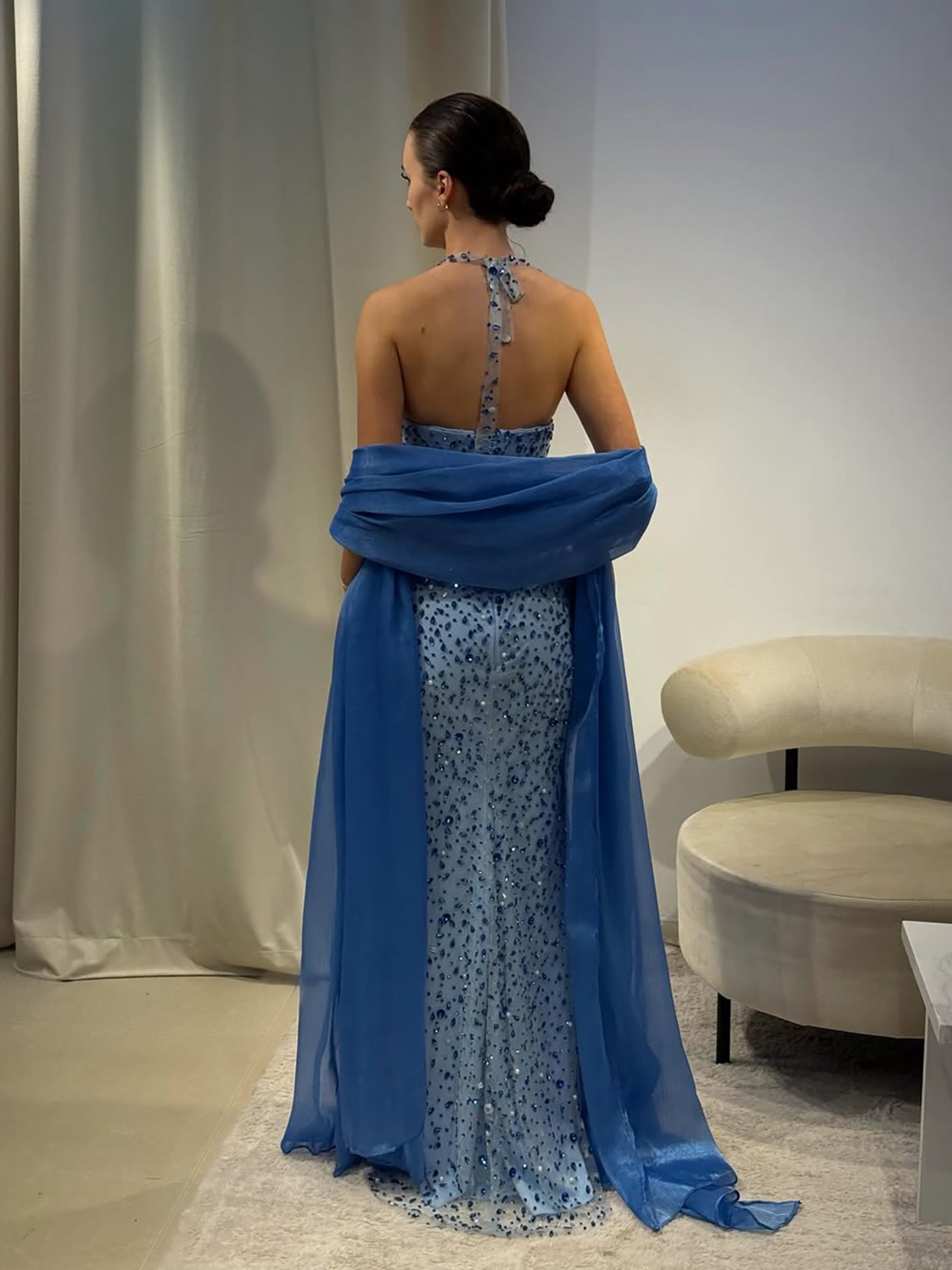 Luxury Blue Diamond Halter Evening Dress With Cape LA73471 - SERENE  HILL