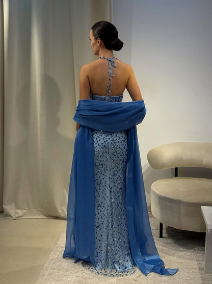 Luxury Blue Diamond Halter Evening Dress With Cape LA73471 - SERENE  HILL