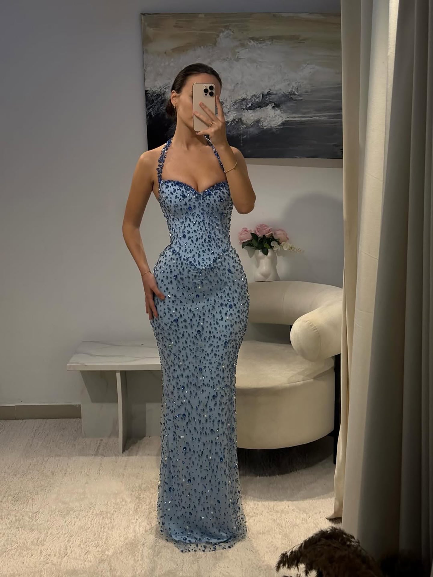 Luxury Blue Diamond Halter Evening Dress With Cape LA73471 - SERENE  HILL