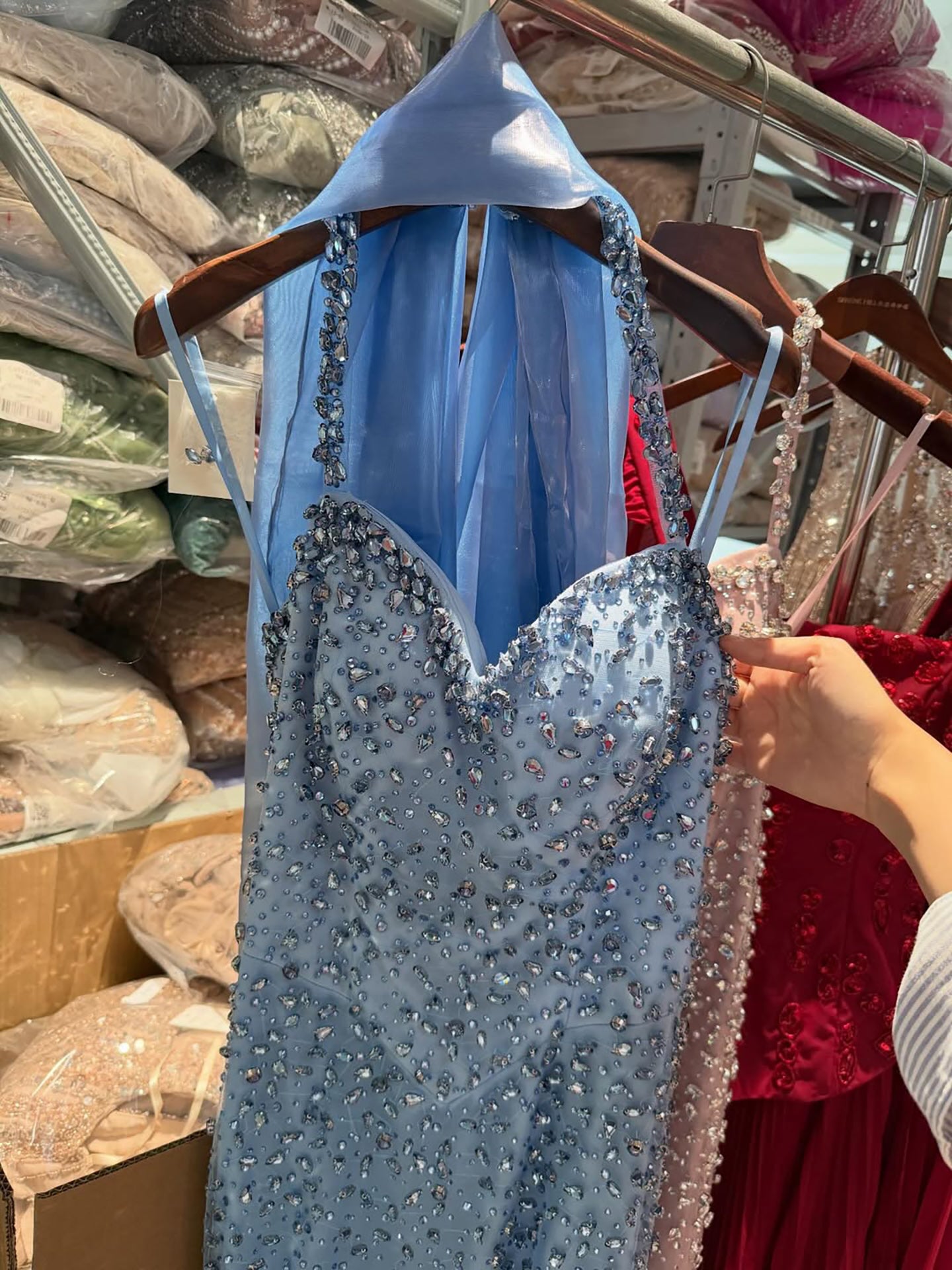 Luxury Blue Diamond Halter Evening Dress With Cape LA73471