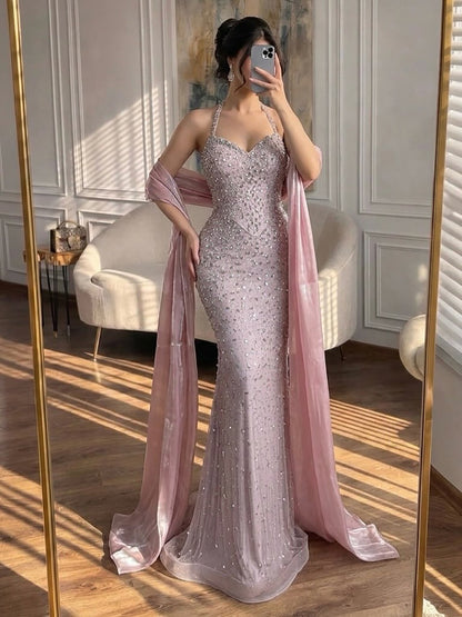 Luxury Blue Diamond Halter Evening Dress With Cape LA73471 SERENE HILL