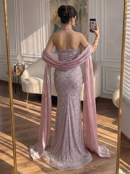 Luxury Blue Diamond Halter Evening Dress With Cape LA73471 SERENE HILL
