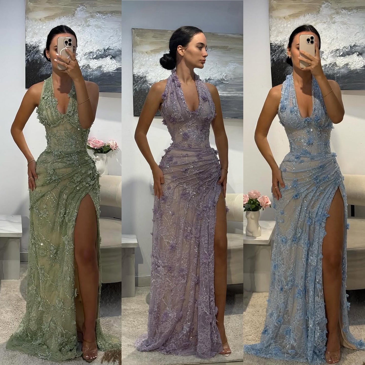 Luxury Sage Green 3D Flower Halter Evening Dress With Slit LA73472 - SERENE  HILL