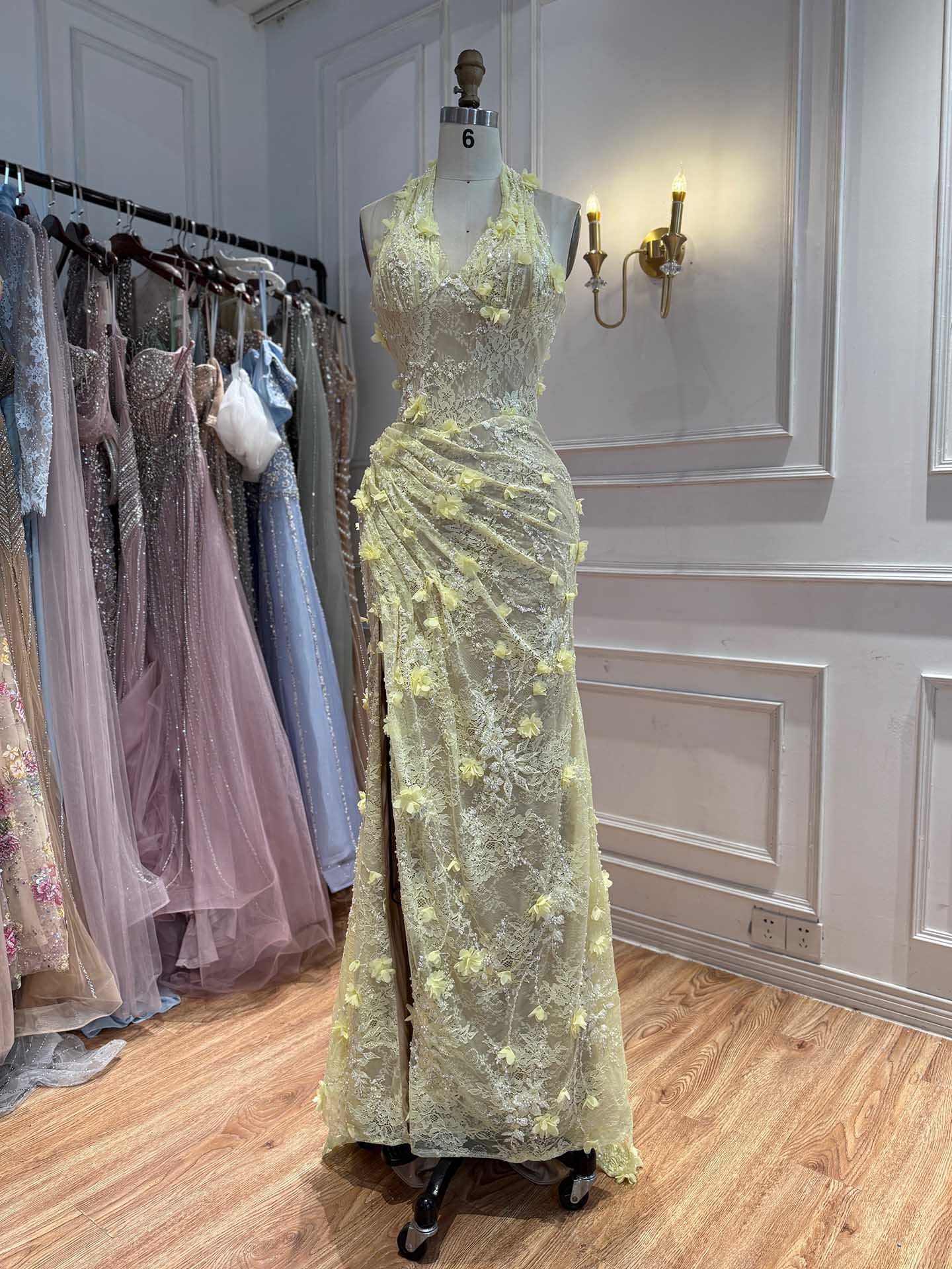 Luxury Sage Green 3D Flower Halter Evening Dress With Slit LA73472 SERENE HILL