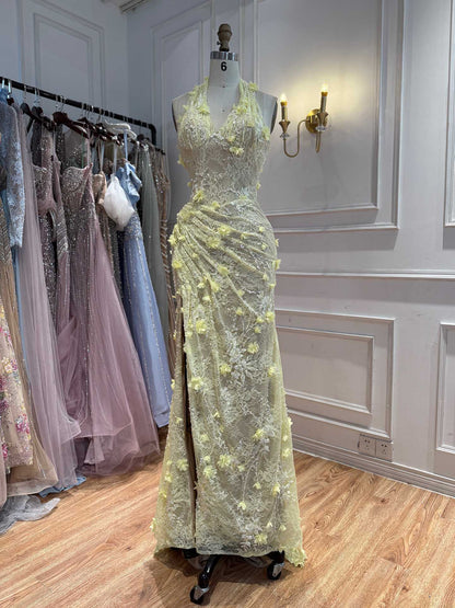 Luxury Sage Green 3D Flower Halter Evening Dress With Slit LA73472 SERENE HILL