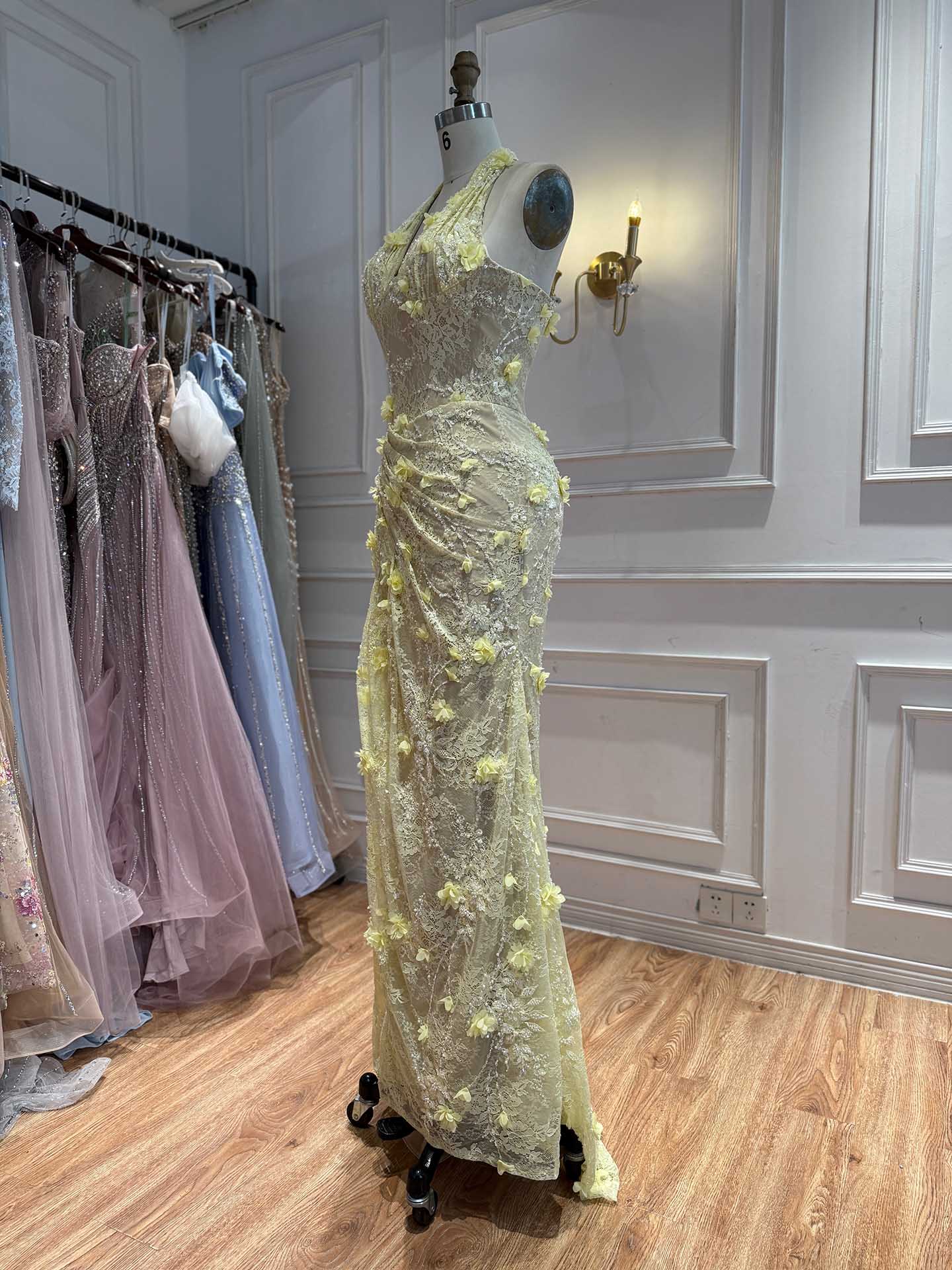 Luxury Sage Green 3D Flower Halter Evening Dress With Slit LA73472 SERENE HILL