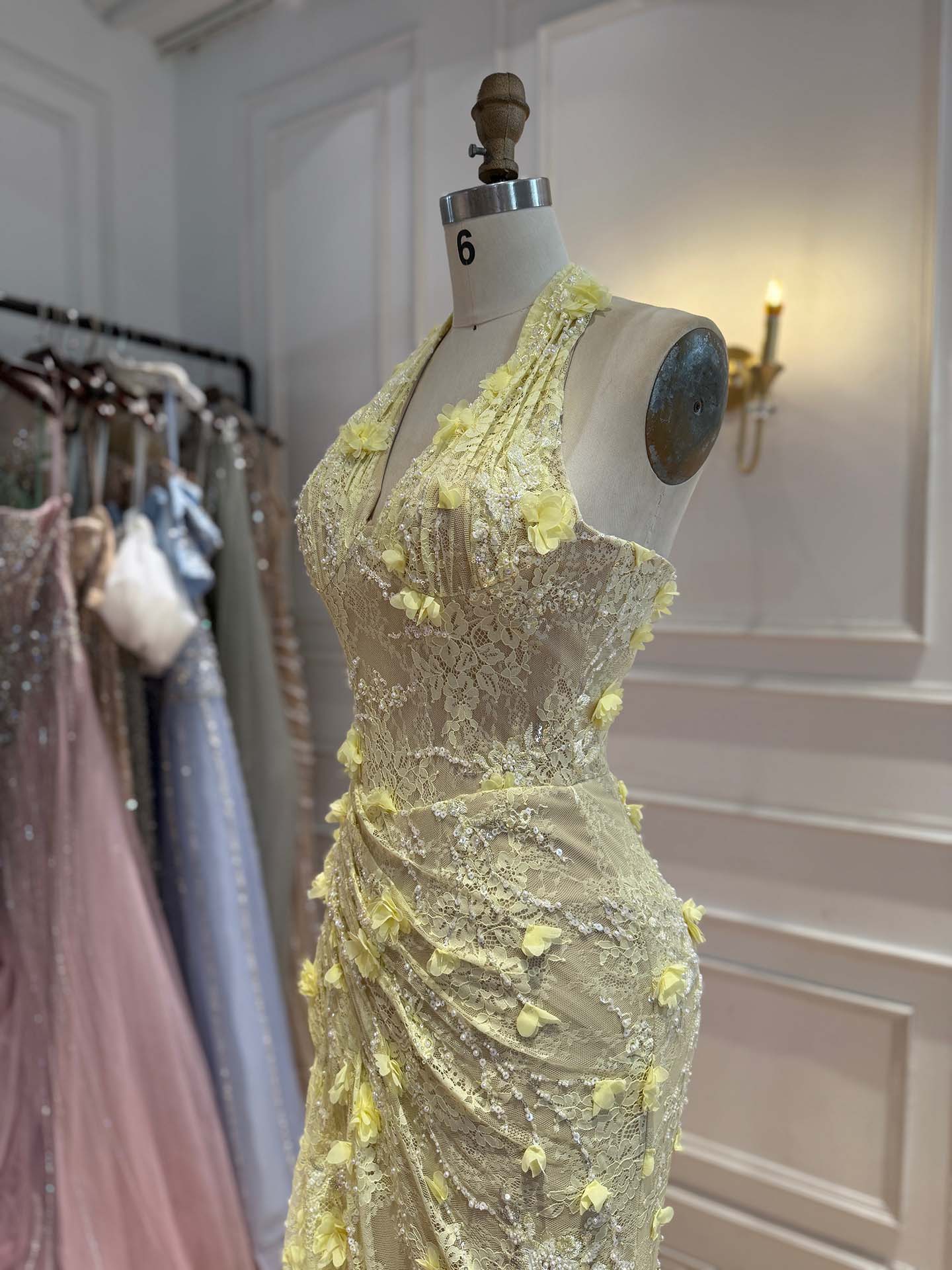 Luxury Sage Green 3D Flower Halter Evening Dress With Slit LA73472 SERENE HILL
