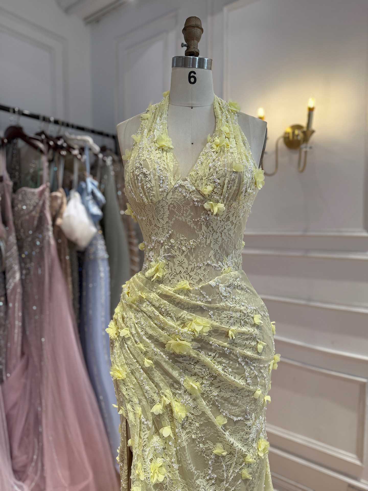 Luxury Sage Green 3D Flower Halter Evening Dress With Slit LA73472 SERENE HILL
