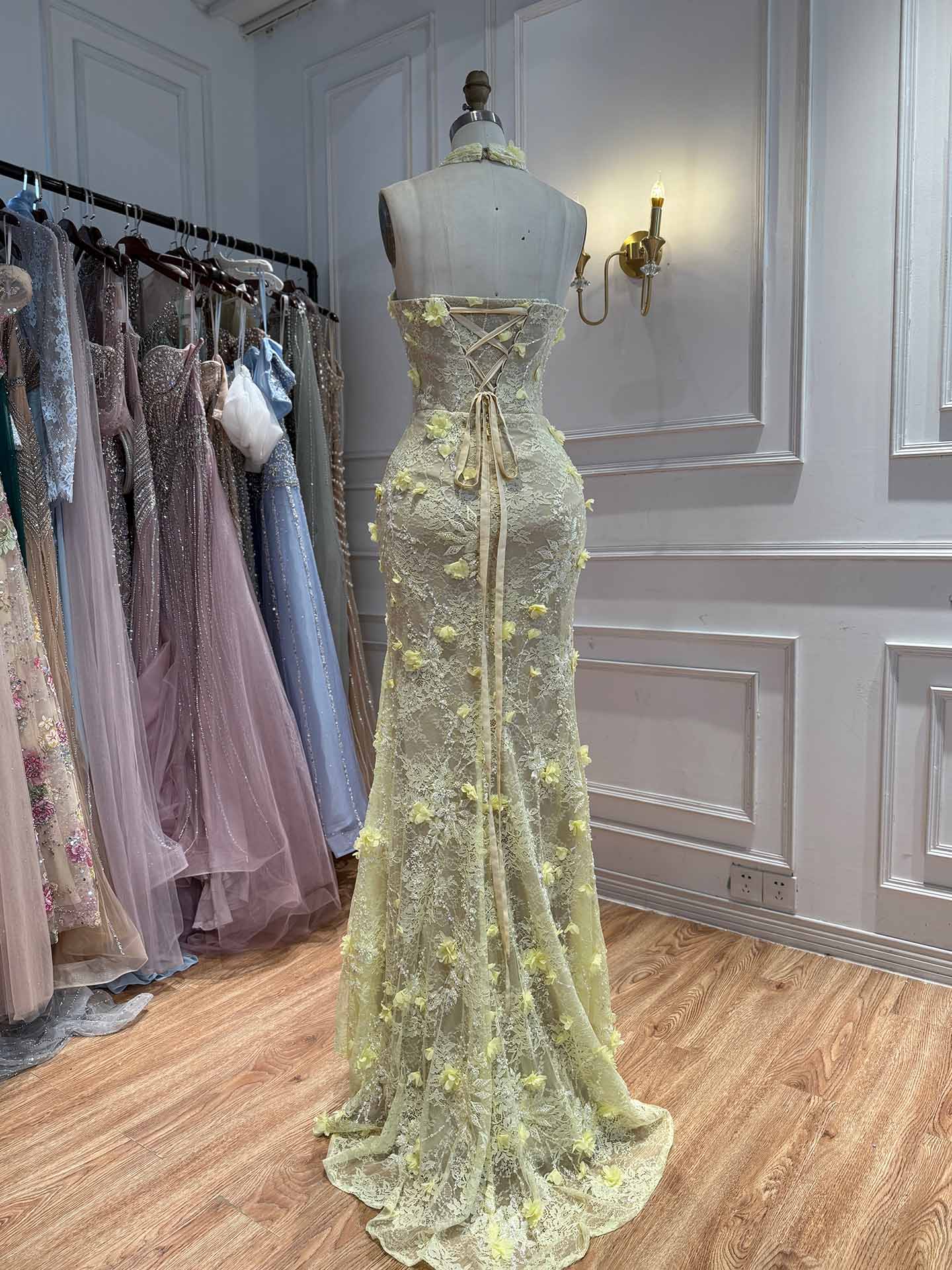 Luxury Sage Green 3D Flower Halter Evening Dress With Slit LA73472 SERENE HILL