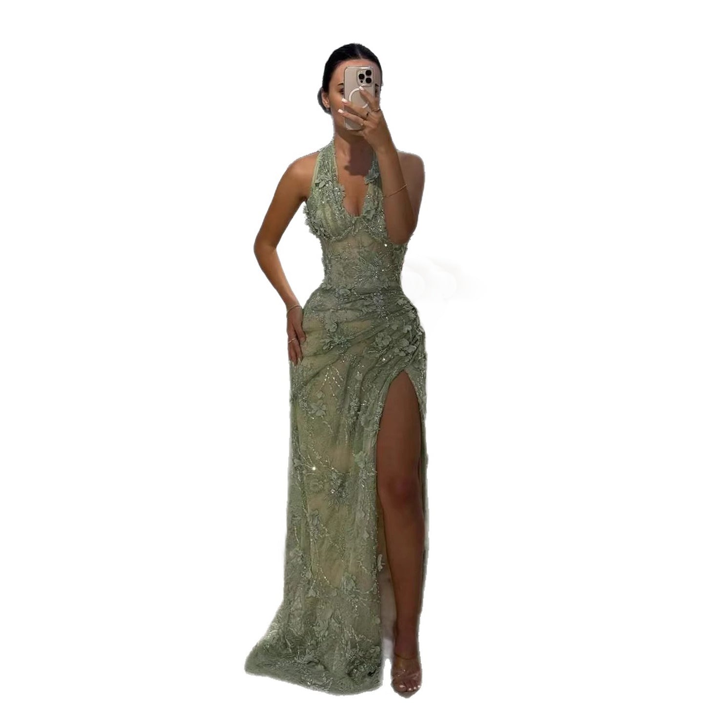 Luxury Sage Green 3D Flower Halter Evening Dress With Slit LA73472 - SERENE  HILL