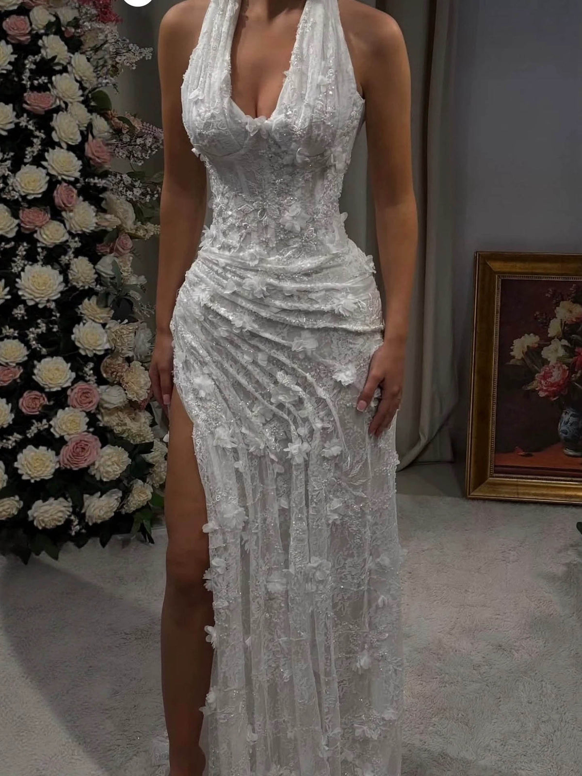Luxury Sage Green 3D Flower Halter Evening Dress With Slit LA73472