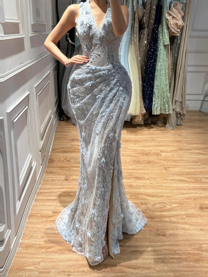 Luxury Sage Green 3D Flower Halter Evening Dress With Slit LA73472 SERENE HILL