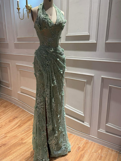 Luxury Sage Green 3D Flower Halter Evening Dress With Slit LA73472 SERENE HILL