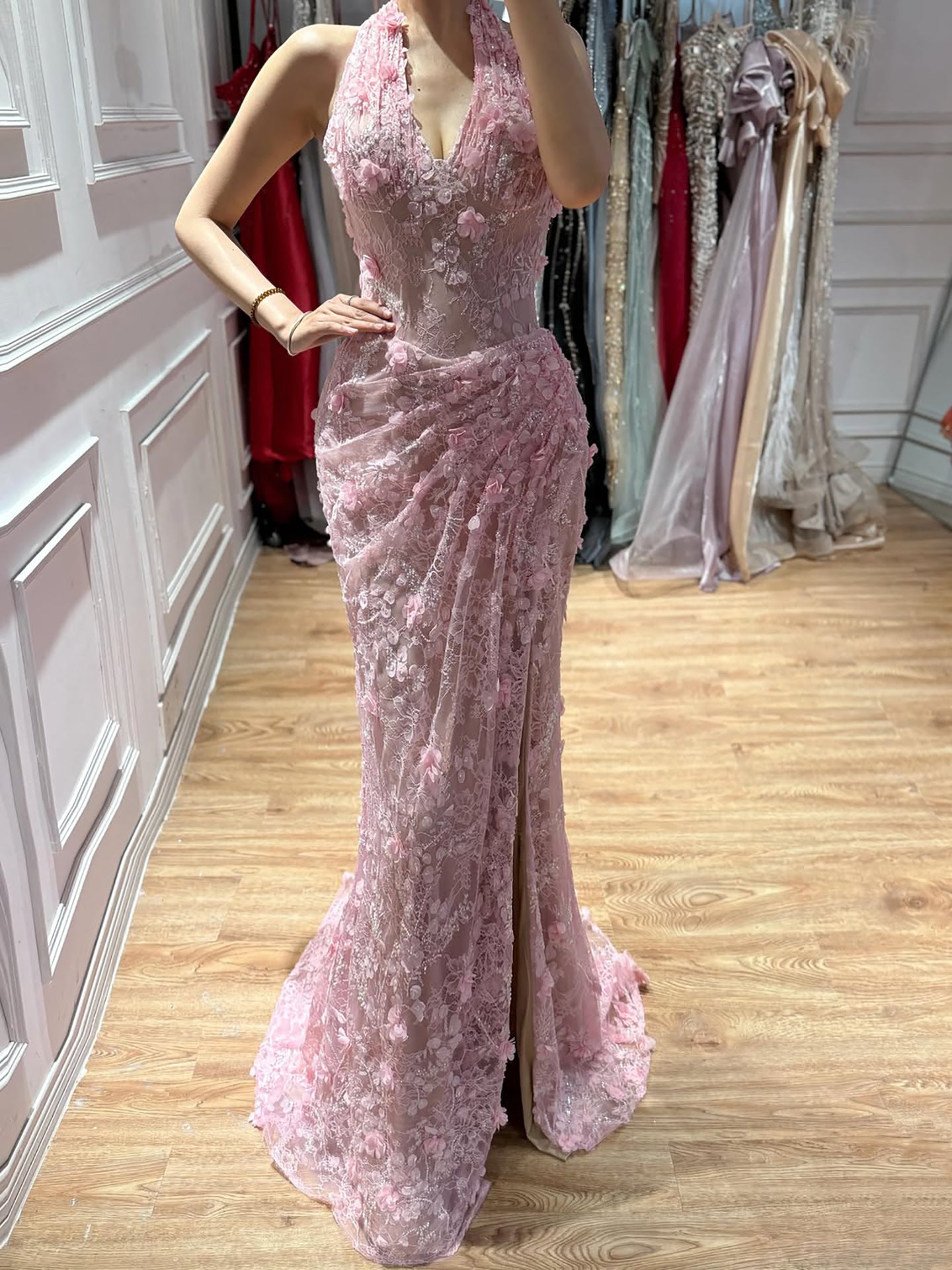 Luxury Sage Green 3D Flower Halter Evening Dress With Slit LA73472 SERENE HILL