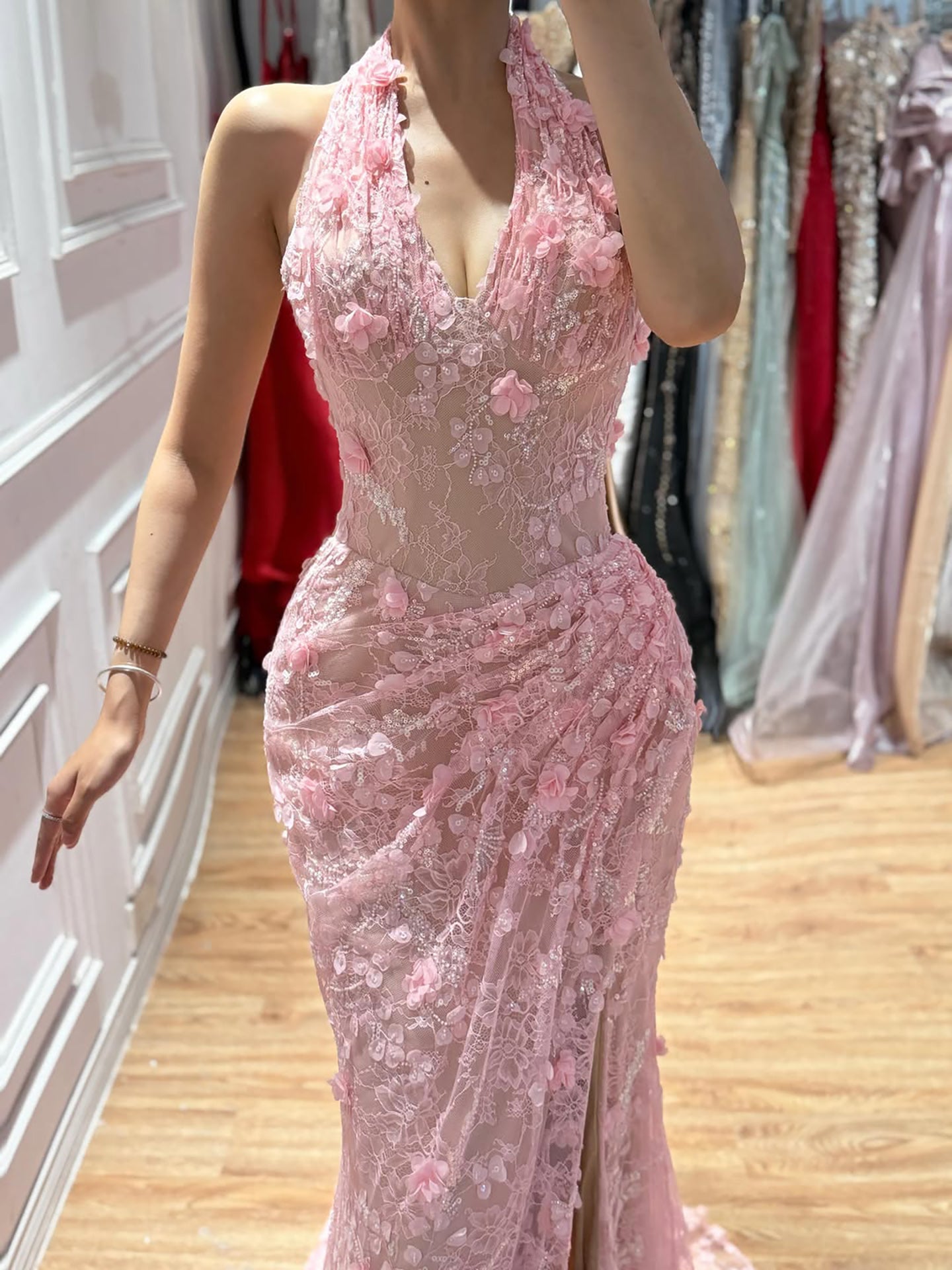 Luxury Sage Green 3D Flower Halter Evening Dress With Slit LA73472 SERENE HILL
