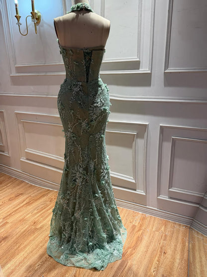 Luxury Sage Green 3D Flower Halter Evening Dress With Slit LA73472 SERENE HILL