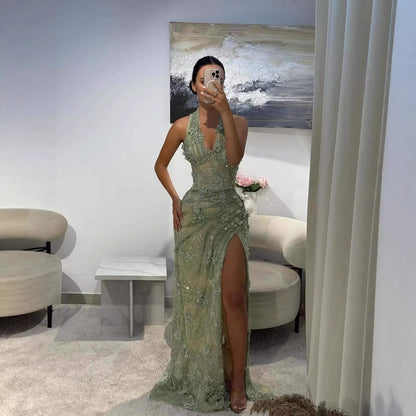 Luxury Sage Green 3D Flower Halter Evening Dress With Slit LA73472 - SERENE  HILL