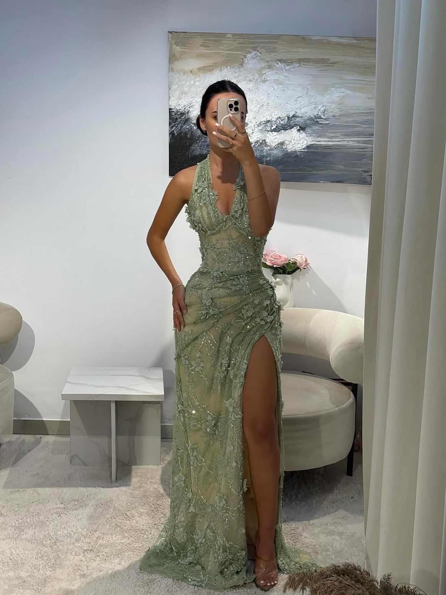 Luxury Sage Green 3D Flower Halter Evening Dress With Slit LA73472 pink / 4