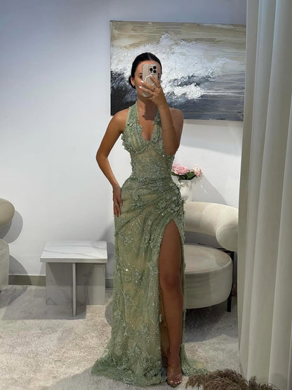 Luxury Sage Green 3D Flower Halter Evening Dress With Slit LA73472 - SERENE  HILL