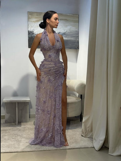 Luxury Sage Green 3D Flower Halter Evening Dress With Slit LA73472 - SERENE  HILL
