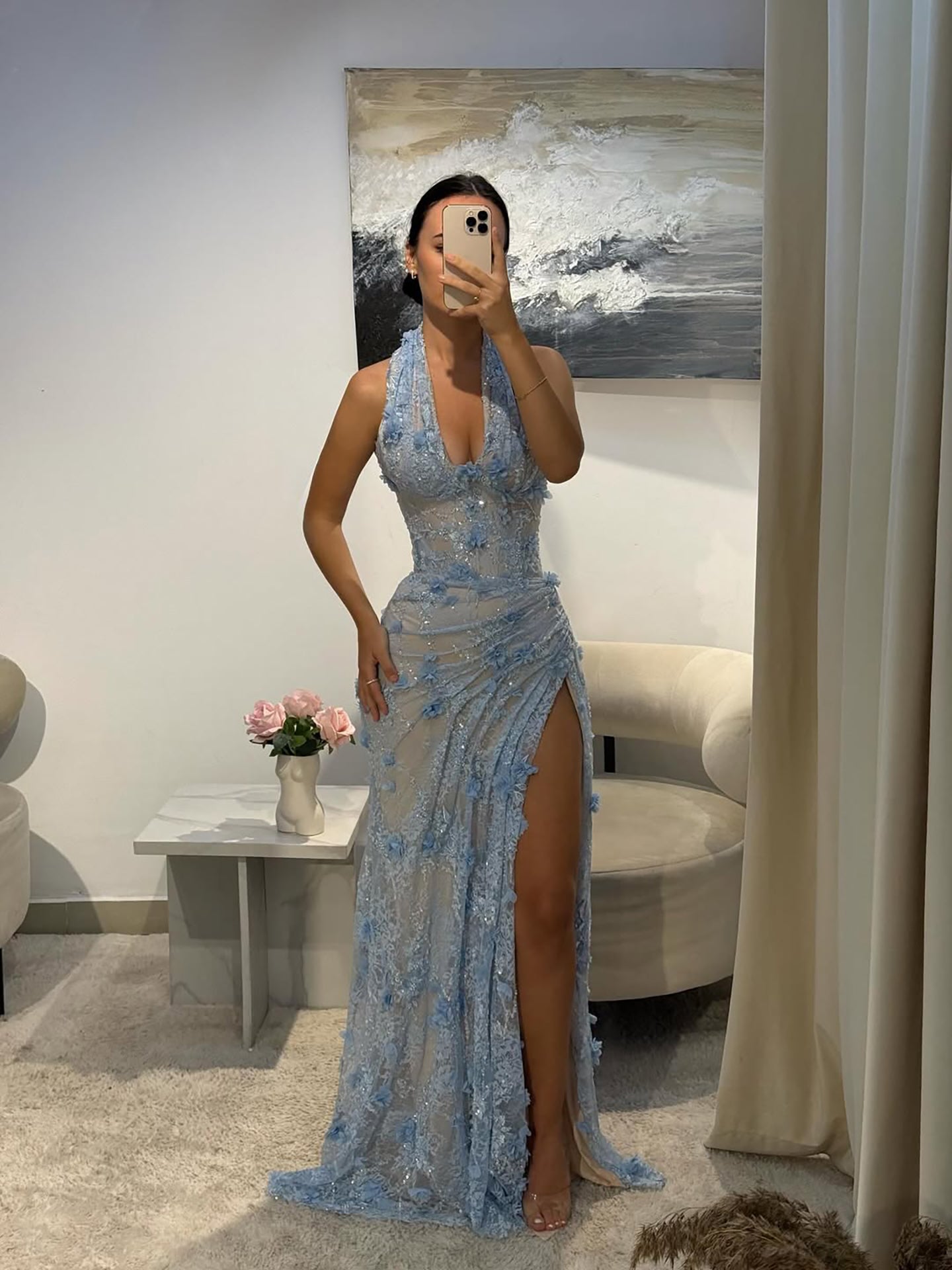 Luxury Sage Green 3D Flower Halter Evening Dress With Slit LA73472 - SERENE  HILL