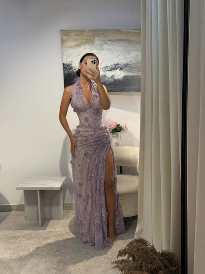 Luxury Sage Green 3D Flower Halter Evening Dress With Slit LA73472 - SERENE  HILL