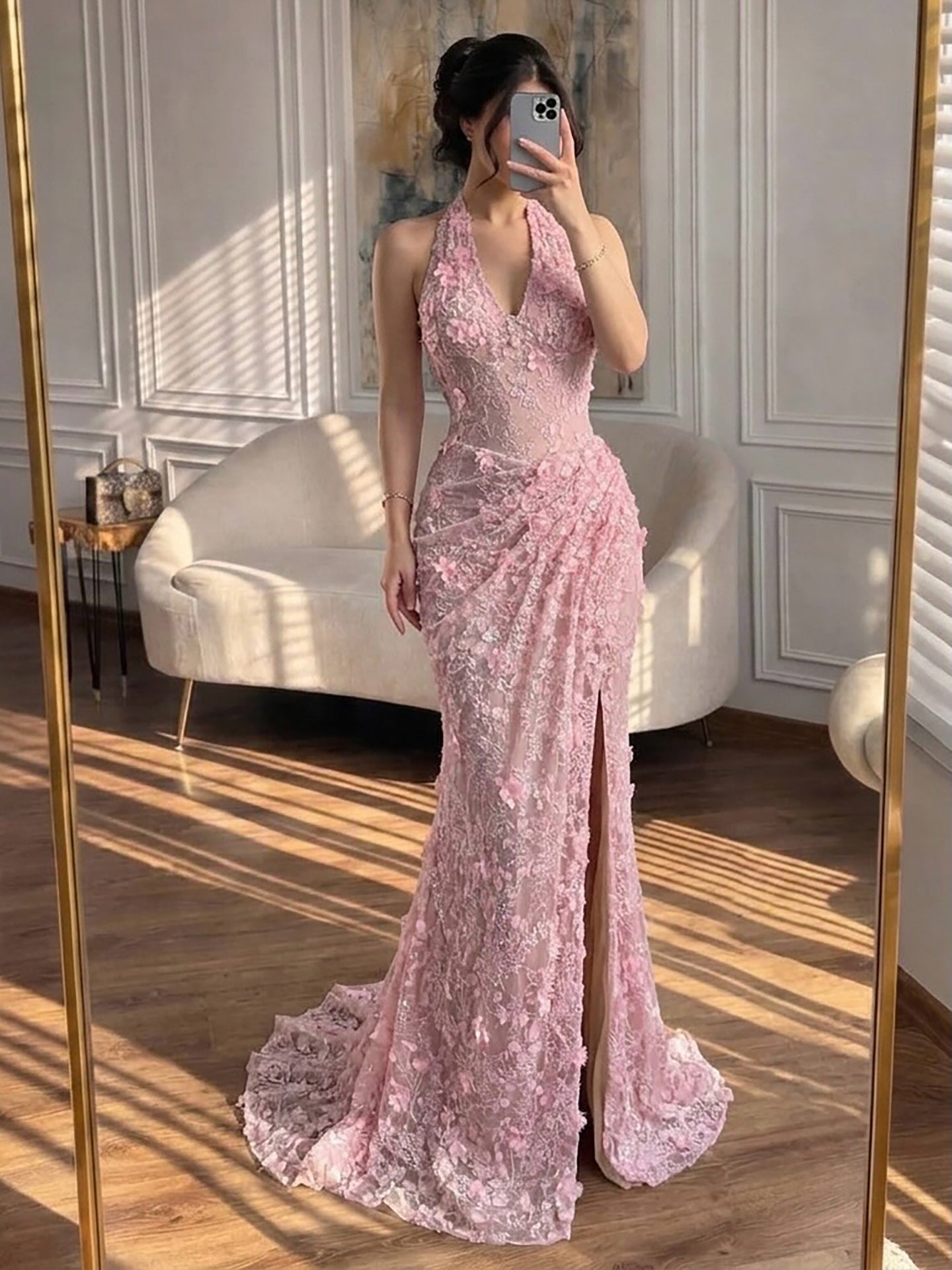 Luxury Sage Green 3D Flower Halter Evening Dress With Slit LA73472 SERENE HILL