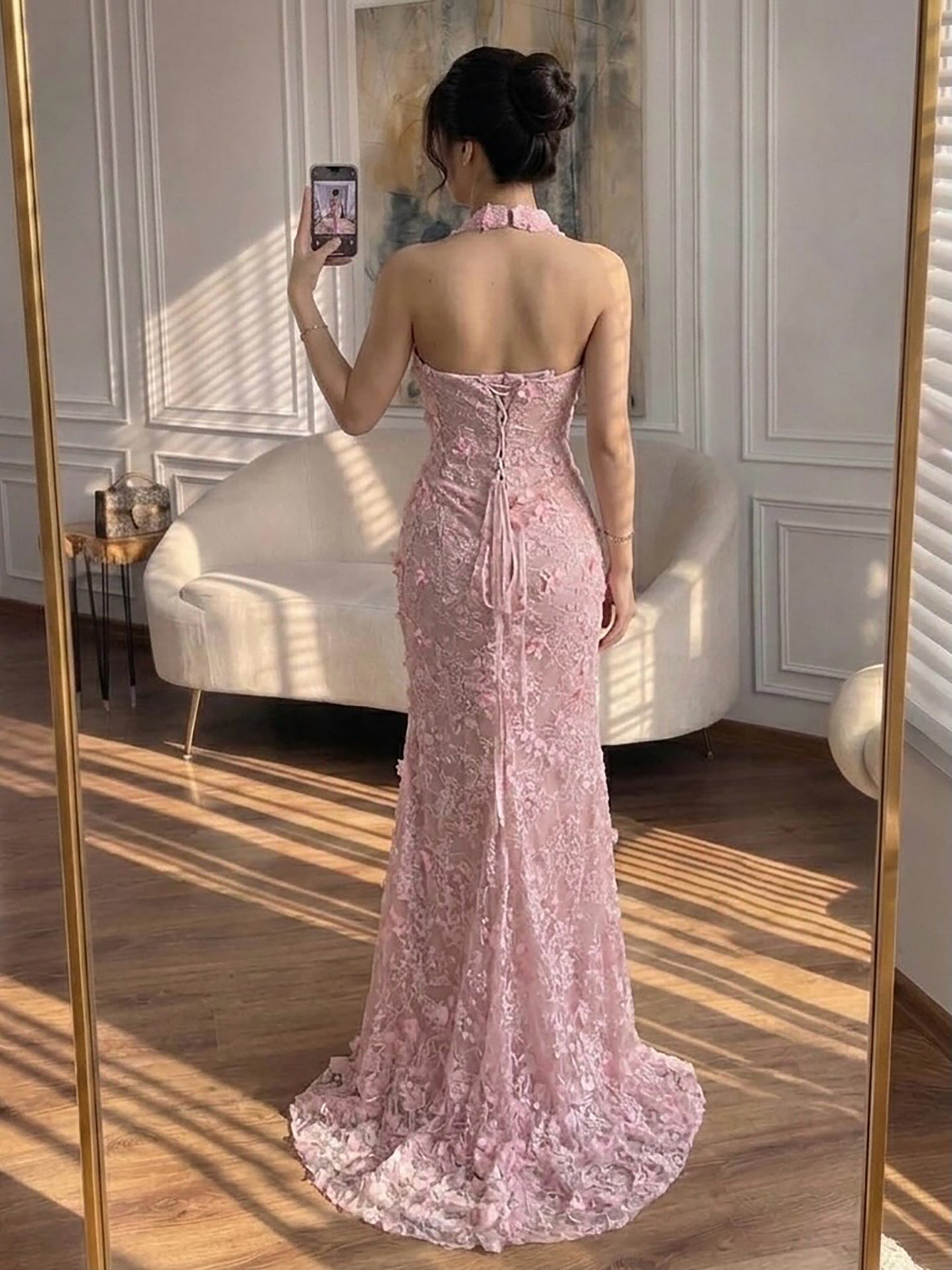 Luxury Sage Green 3D Flower Halter Evening Dress With Slit LA73472 SERENE HILL