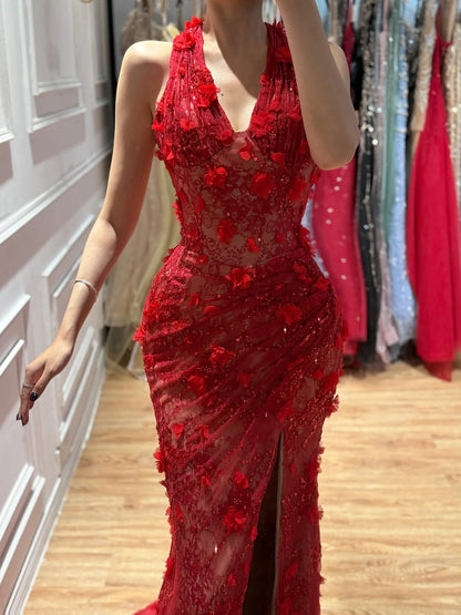 Luxury Sage Green 3D Flower Halter Evening Dress With Slit LA73472 SERENE HILL