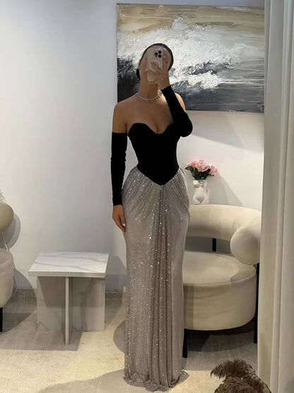 Luxury Black Silver Strapless Beaded Mermaid Evening Dress With Gloves LA73473