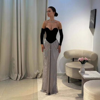 Luxury Black Silver Strapless Beaded Mermaid Evening Dress With Gloves LA73473