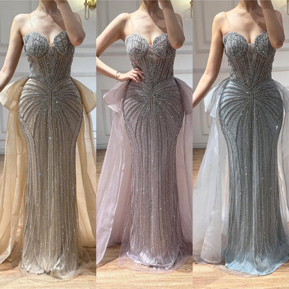 Luxury Nude Saudi Crystal Beaded Mermaid Evening Dress With Overskirt LA73474